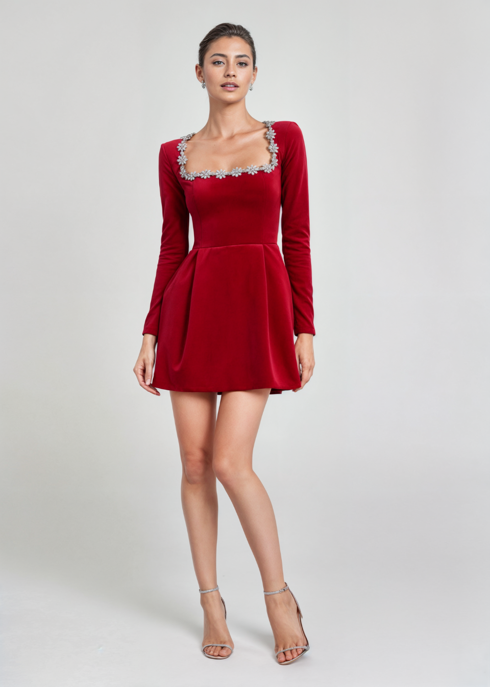 Clarisse™ Velvet Mini Dress with Rhinestone Accents