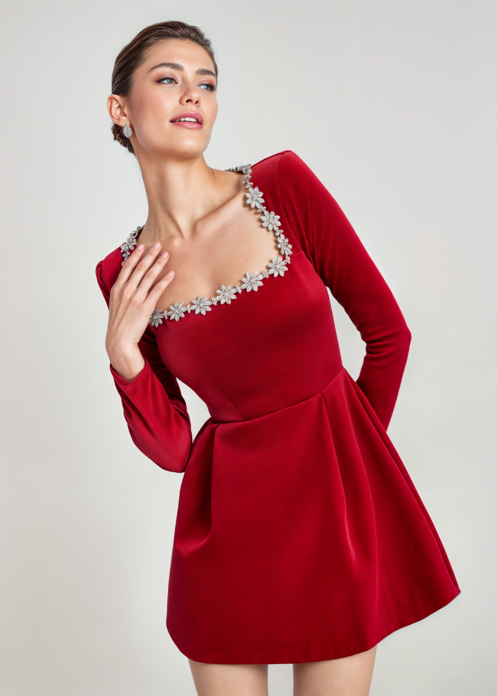 Clarisse™ Velvet Mini Dress with Rhinestone Accents