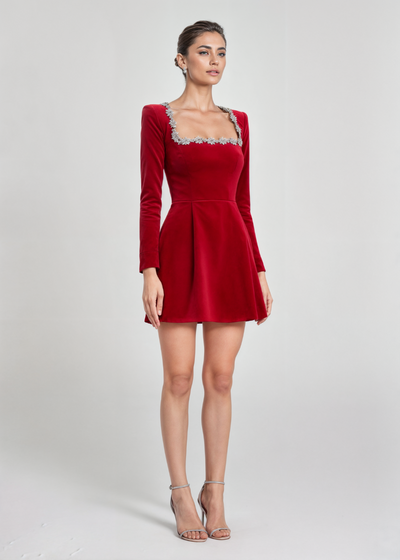 Clarisse™ Velvet Mini Dress with Rhinestone Accents