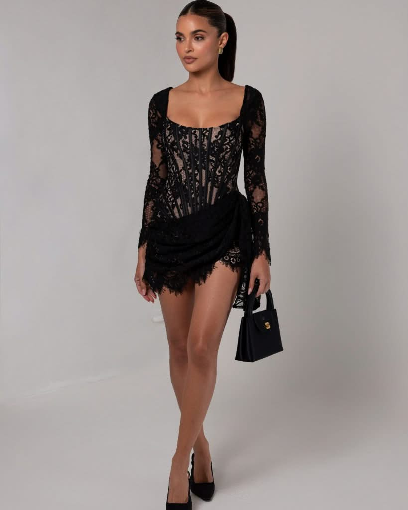 Valentina™ Long Sleeve Lace Corset Mini Dress