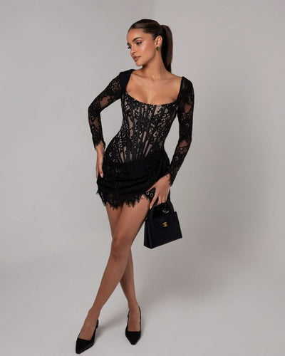 Valentina™ Long Sleeve Lace Corset Mini Dress